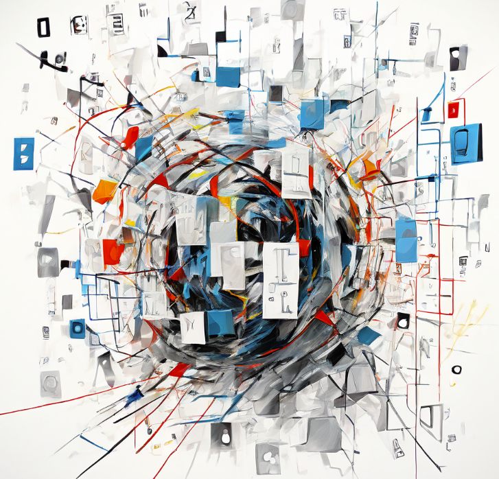 An abstract painting: scraps of paper, blue and red squares and lines swirl around a dark centre, loosening into order at the edges.